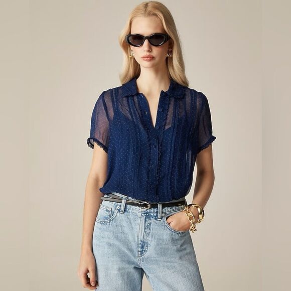 NWT J CREW Sheer lace-trim button-up shirt in dot crinkle chiffon - Picture 3 of 7
